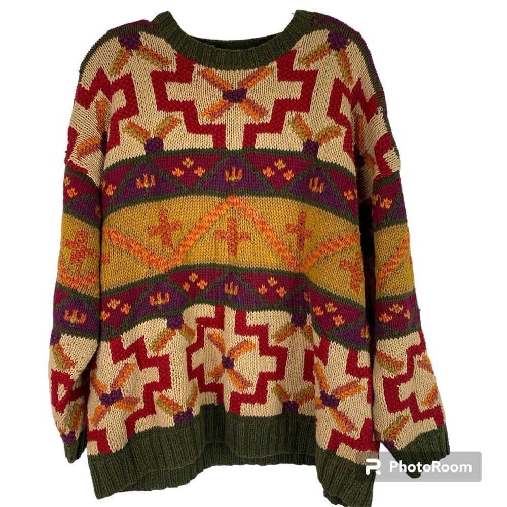 The Limited Green Red Multi Color Handknitted Vintage Pullover Sweater Small